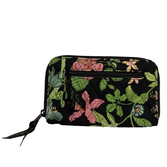 Vera Bradley Botanical Zip Around Wallet Travel Organizer Black Green Floral 8x5 - Picture 2 of 7